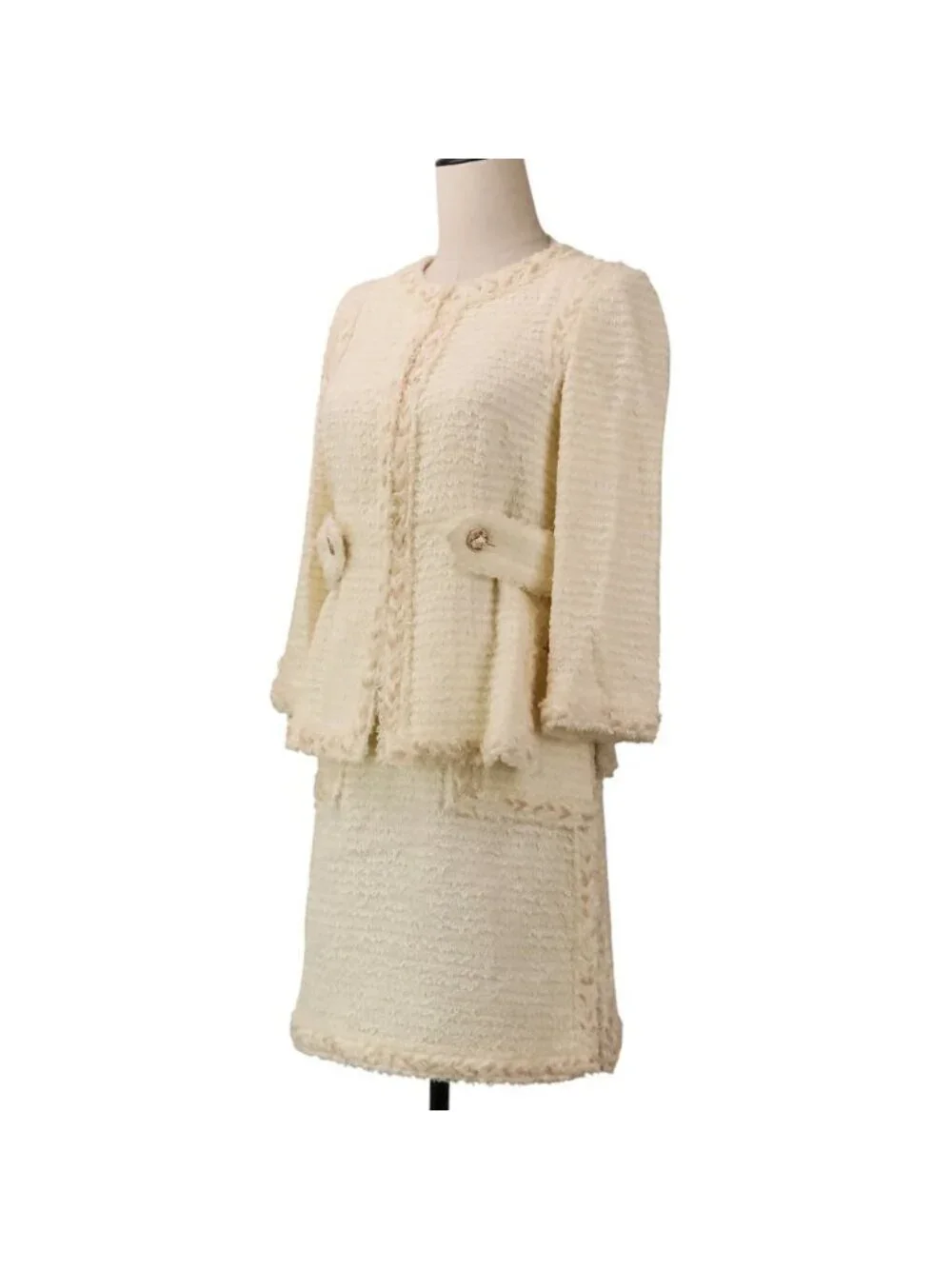 Chanel Tweed Jacket Skirt Set 36 Beige